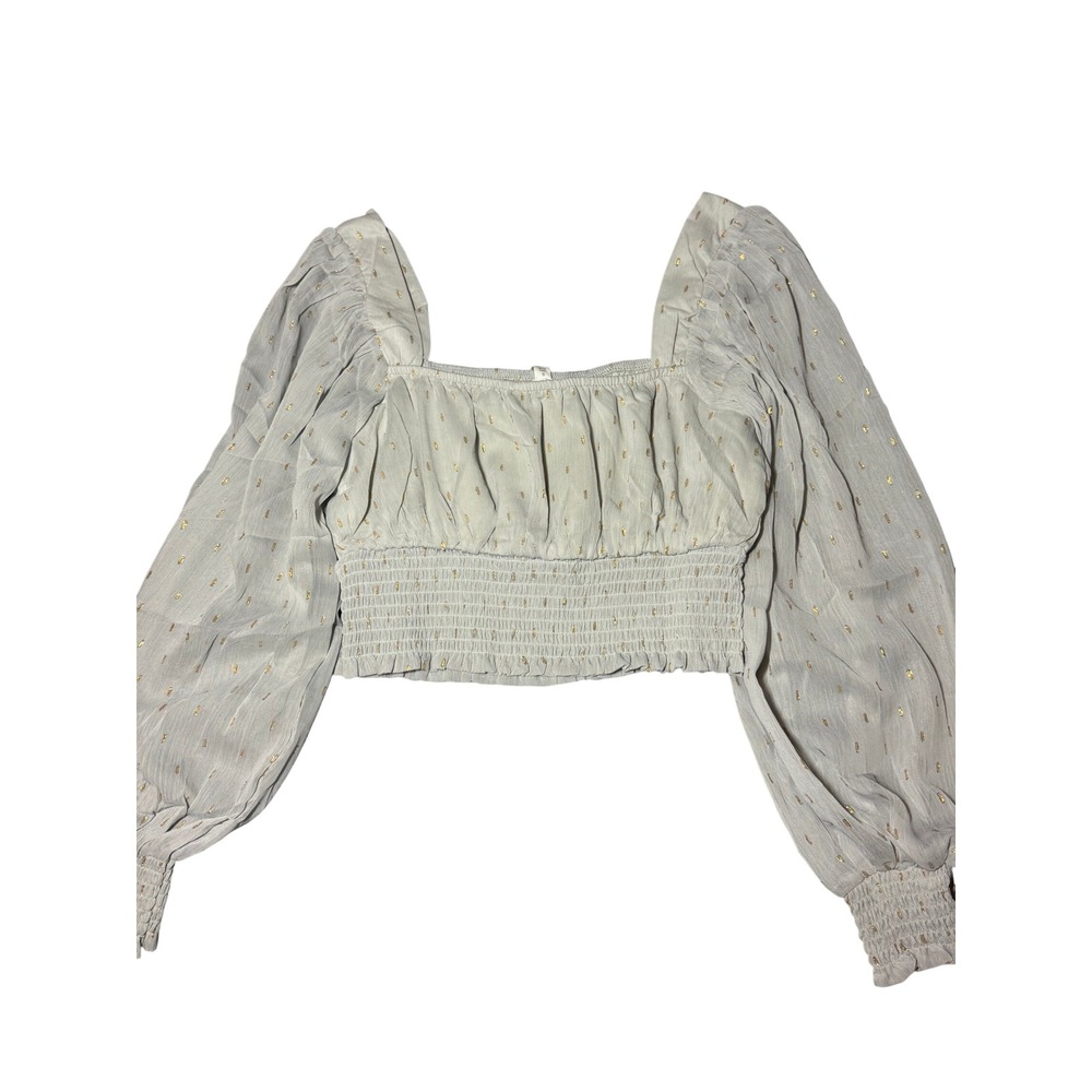 By the River Gray Gold Metallic Smocked Crop Top Balloon Sleeve Blouse - Picture 5 of 7